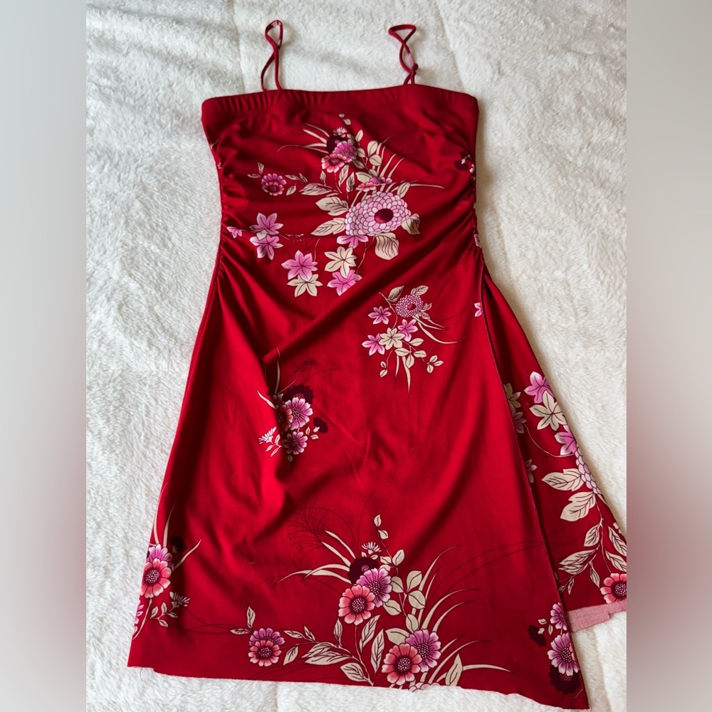 Floral Red Dress with Pink and White Accents